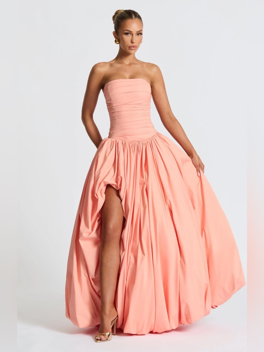Strapless Peach Maxi Gown with High Slit